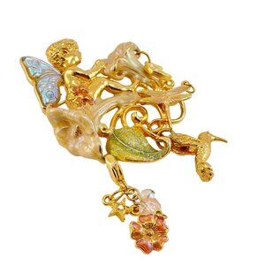 Kirks Folly Signed Moonflower Fairy Enamel And Crystal Pendant And Brooch